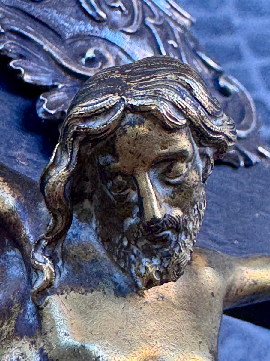 Antico Crocifisso in argento punzonato Torretta Genova 1762 legno e bronzo dorato coevo al merc-photo-2