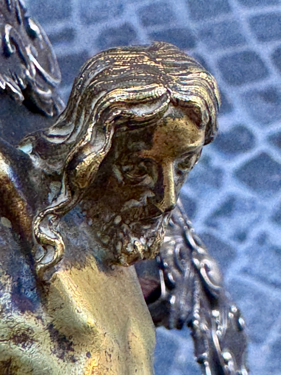 Antico Crocifisso in argento punzonato Torretta Genova 1762 legno e bronzo dorato coevo al merc-photo-3