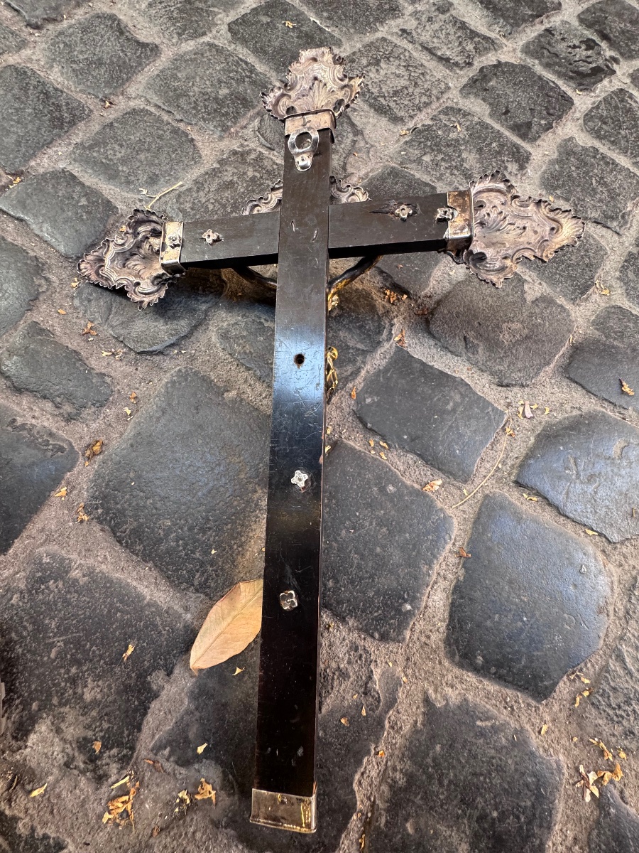 Antico Crocifisso in argento punzonato Torretta Genova 1762 legno e bronzo dorato coevo al merc-photo-5