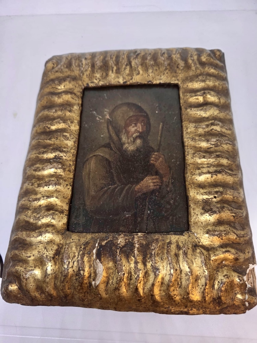 piccolo dipinto olio su tavola del fine secolo XVI con esemplare cornice coeva scolpita ad onde-photo-3
