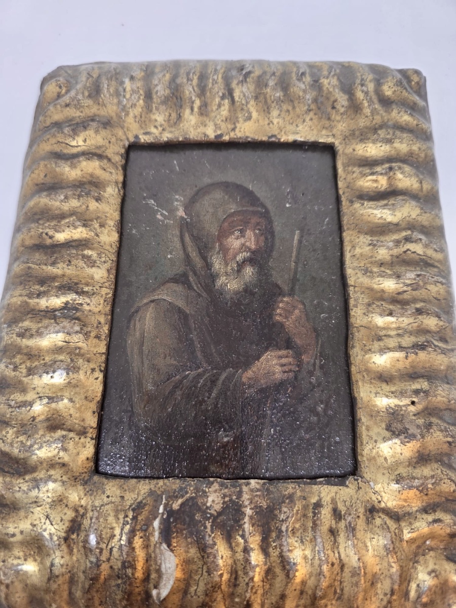 piccolo dipinto olio su tavola del fine secolo XVI con esemplare cornice coeva scolpita ad onde-photo-4