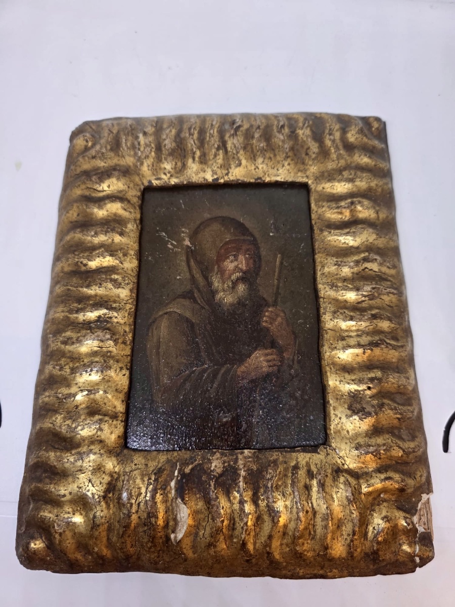 piccolo dipinto olio su tavola del fine secolo XVI con esemplare cornice coeva scolpita ad onde-photo-5