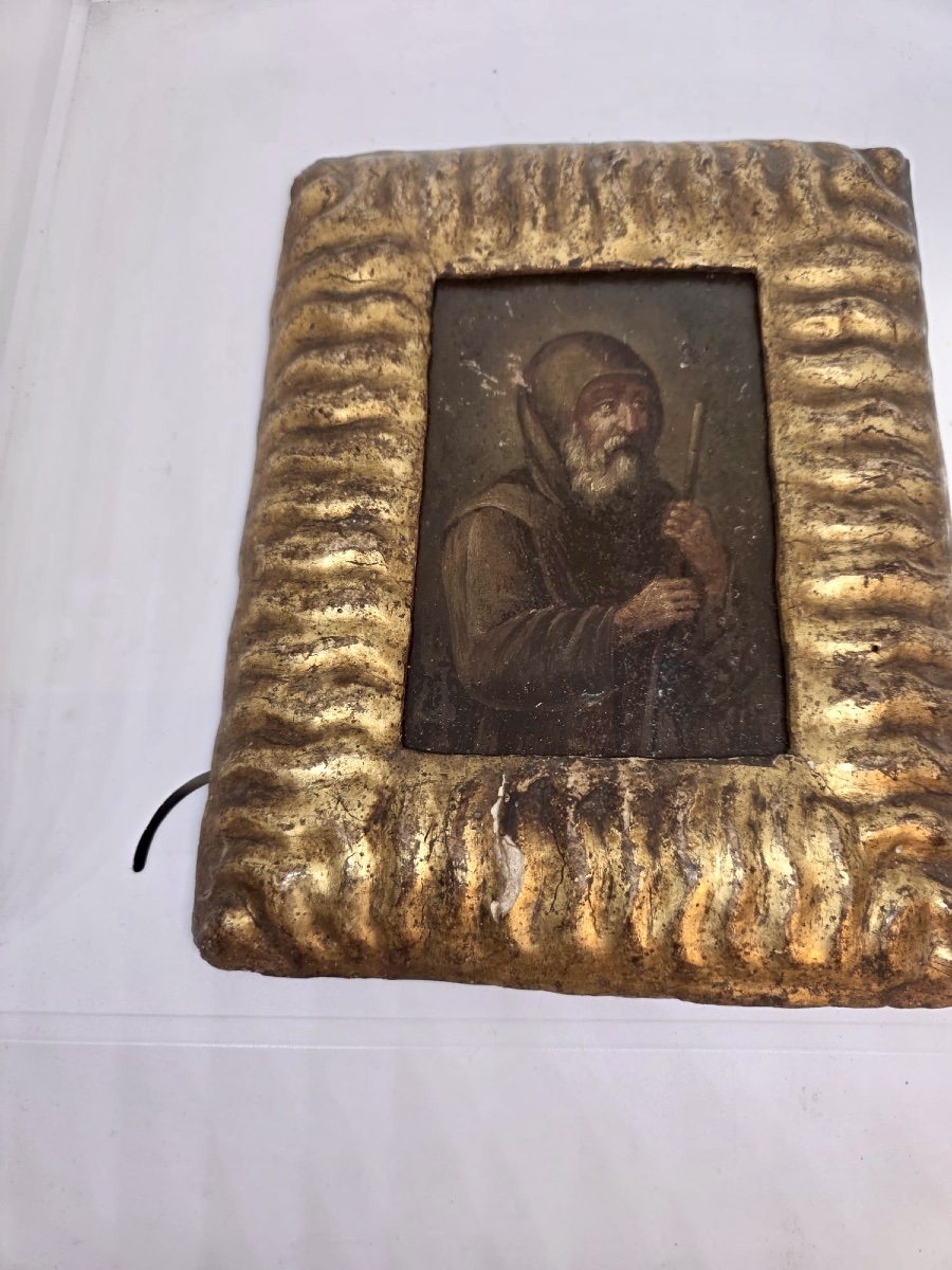piccolo dipinto olio su tavola del fine secolo XVI con esemplare cornice coeva scolpita ad onde-photo-6