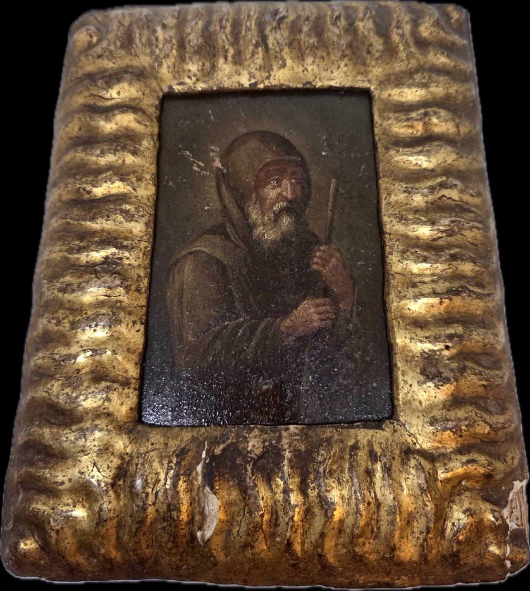 piccolo dipinto olio su tavola del fine secolo XVI con esemplare cornice coeva scolpita ad onde