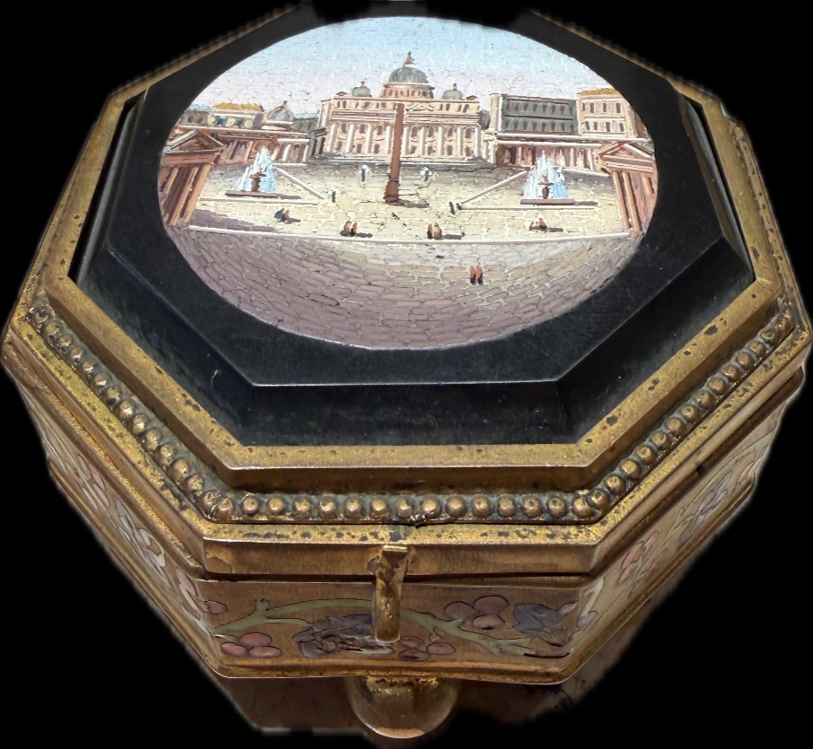 Descrizione SCATOLa PORTAGIOIE, ROMA, FINE SECOLO XIX 1850/60 ca  di forma esagonale in metallo