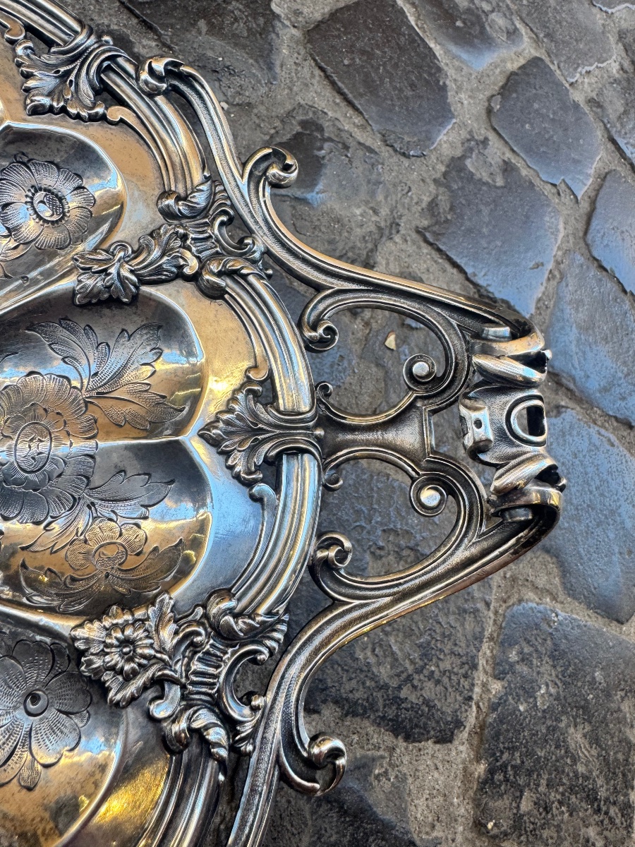 Antico centrotavola a forma di cesto cesellato e bulinato e sbalzato a mano in argento massicci-photo-7