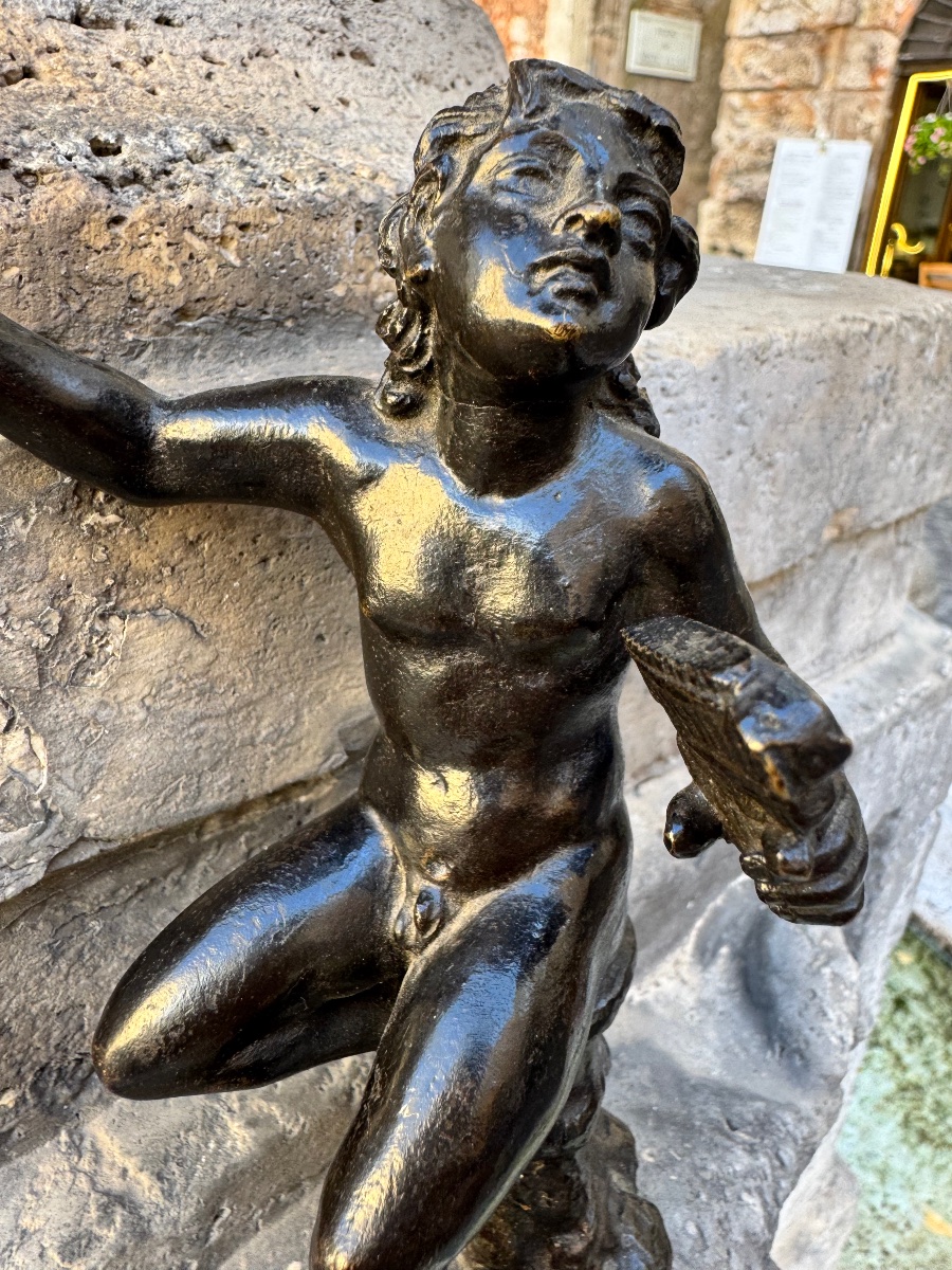 antico bronzo scultura raffigurante Satiro Musicante seduto su una roccia del sec XVI Roma con -photo-3