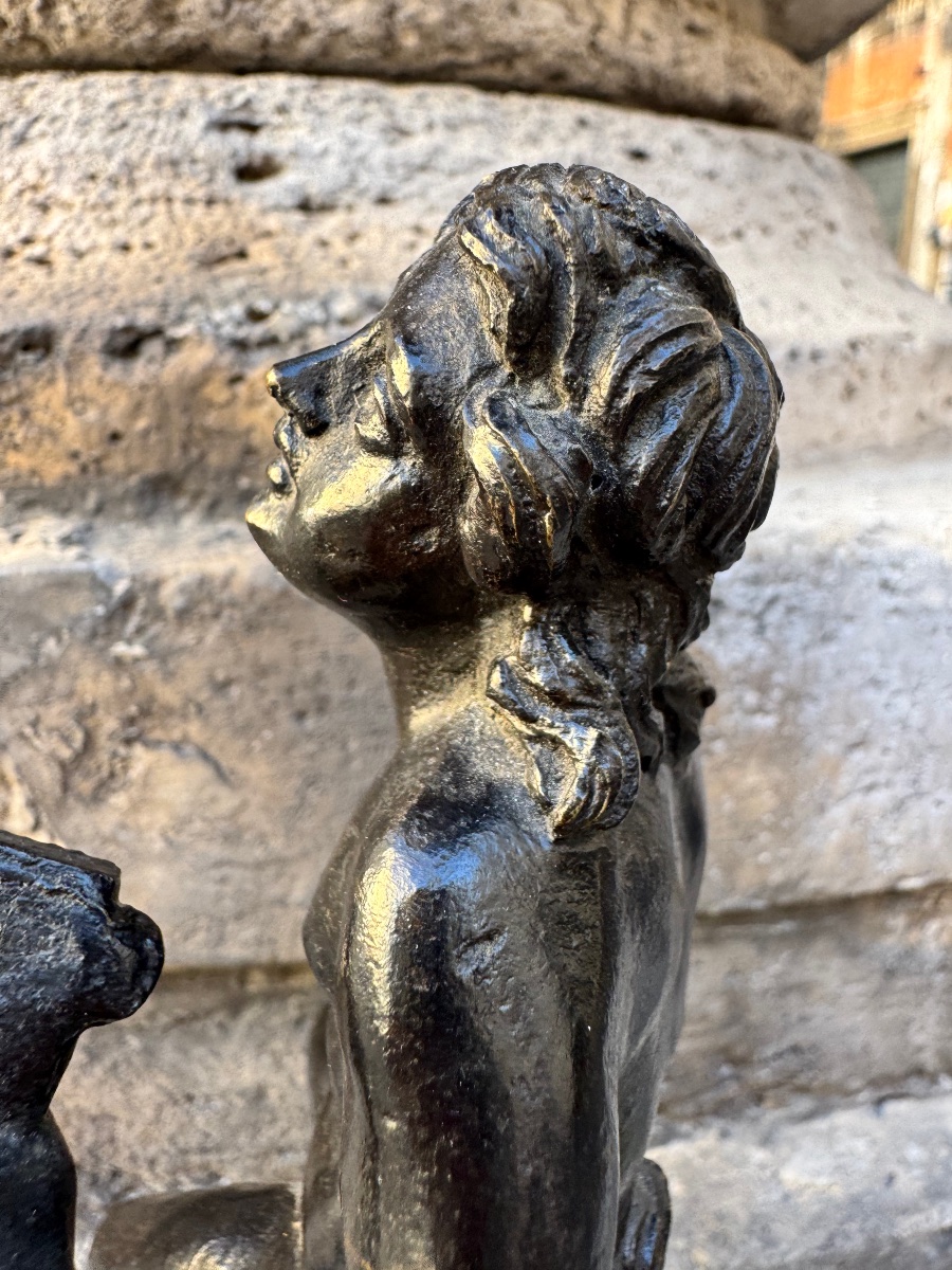 antico bronzo scultura raffigurante Satiro Musicante seduto su una roccia del sec XVI Roma con -photo-4