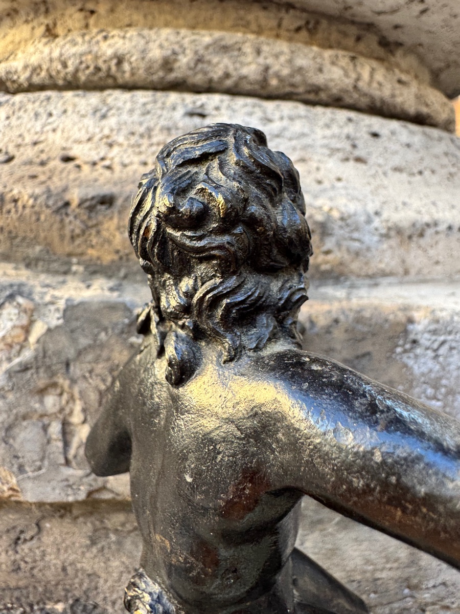 antico bronzo scultura raffigurante Satiro Musicante seduto su una roccia del sec XVI Roma con -photo-8