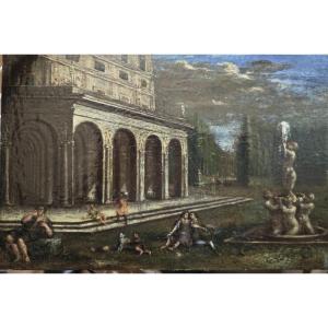 Antico interessante dipinto olio su tela riportata su una tavoletta di legno, frammento di un a
