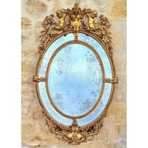Important Mirror With Glazing Bead, Gilded Wood, 19th Century