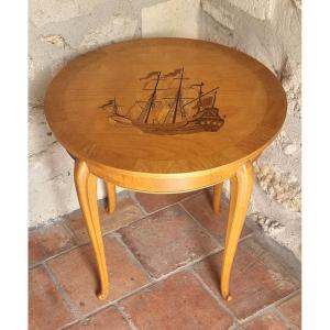 Small Marquetry Pedestal Table From The Early 20th Century