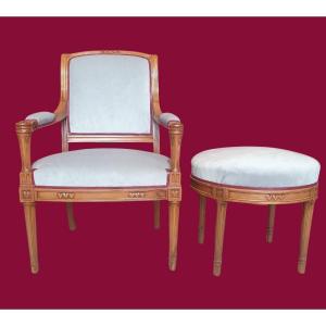 Late 19th-century Art Nouveau Armchair And Stool. Cherry Wood.