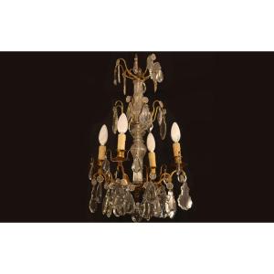 Chandelier With Pampilles And Bronze, 4 Lamps, XIXth