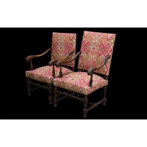 Pair Of Louis XIII Style Armchairs, XIXth Century