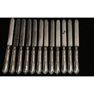 Set Of 12 Filled Sterling Silver Knives, 19th Century