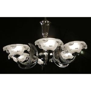 Art Deco Chandelier, Chrome, 6 Lights