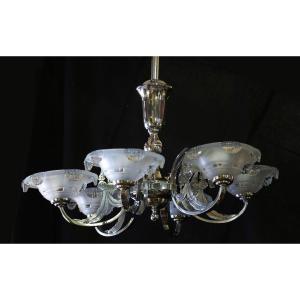 Art Deco Chandelier, Chrome, 6 Lights