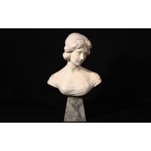 Bust Of Woman, Carrara Marble, 19th Century, Signed
