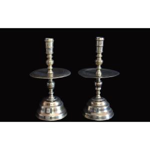 Pair Of Dutch Candlesticks, 17th Century, Bronze
