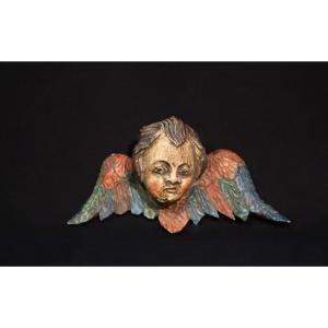 Small Polychrome Wooden Angel Head, 19th Century