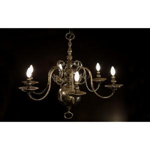 Large Dutch Chandelier, 18th Century, Silver-plated Bronze