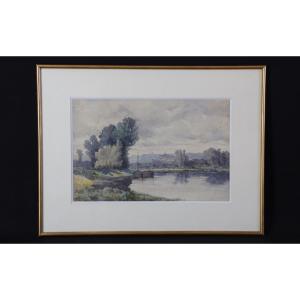 Watercolor Landscape, 19th Century, Lh Delcus (56 X 42 Cm)