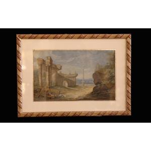 Ancient Landscape, 19th Century Gouache (35 X 26 Cm)