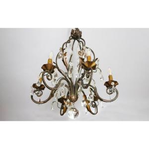Wrought Iron Chandelier With Crystal Drops, Circa 1900 