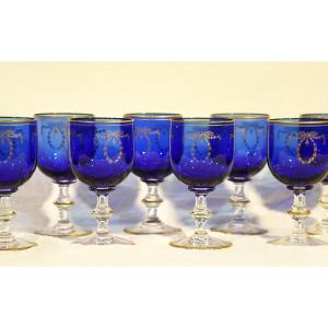Set Of 8 Blue Crystal Glasses, Napoleon III 