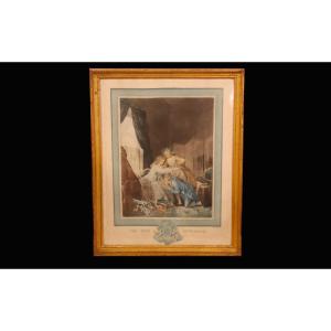 Framed Colored Engraving, 19th Century 