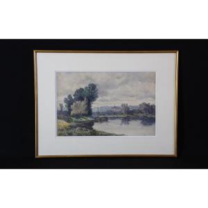 Watercolor Landscape, 19th Century, L.h. Delcus (56 X 42 Cm)