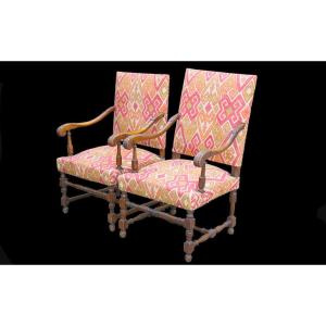 Pair Of Armchairs Louis XIII Style, 19th Century