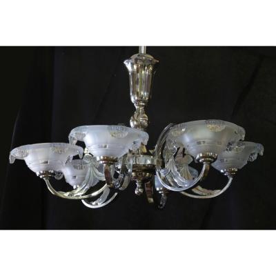 Art Deco Chandelier, Chrome, 6 Lights