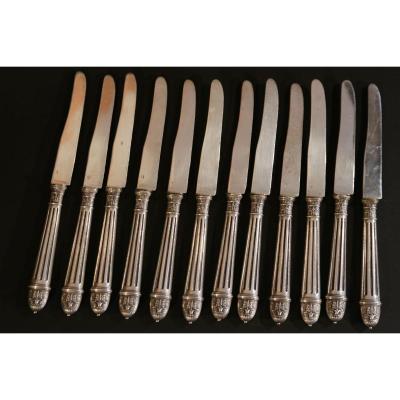 12 Dessert Knives In Sterling Silver And Silver Poked
