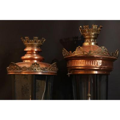 Pair Of Copper And Brass Lanterns (false Pair)