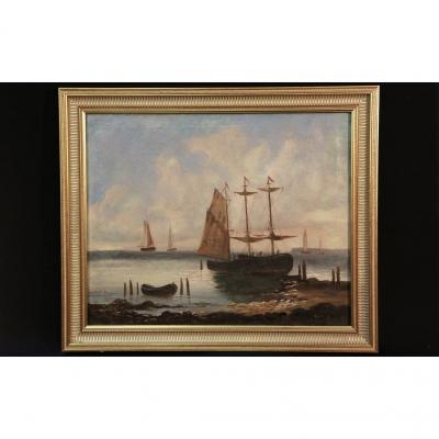 Oil On Canvas, Marine Signed Gabriel Bois, Nineteenth