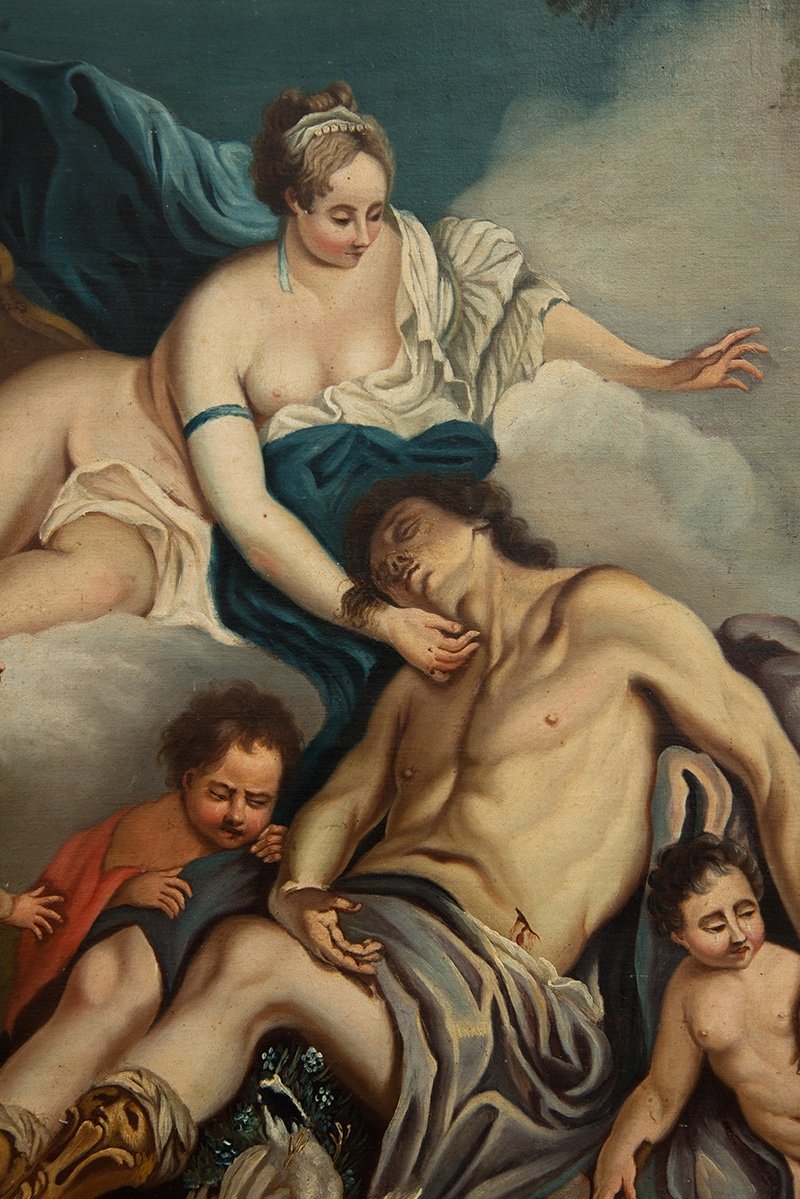 Dipinto antico olio su tela raffigurante Venere e Adone ambito"Boucher". Francia XVIII secolo.-photo-2