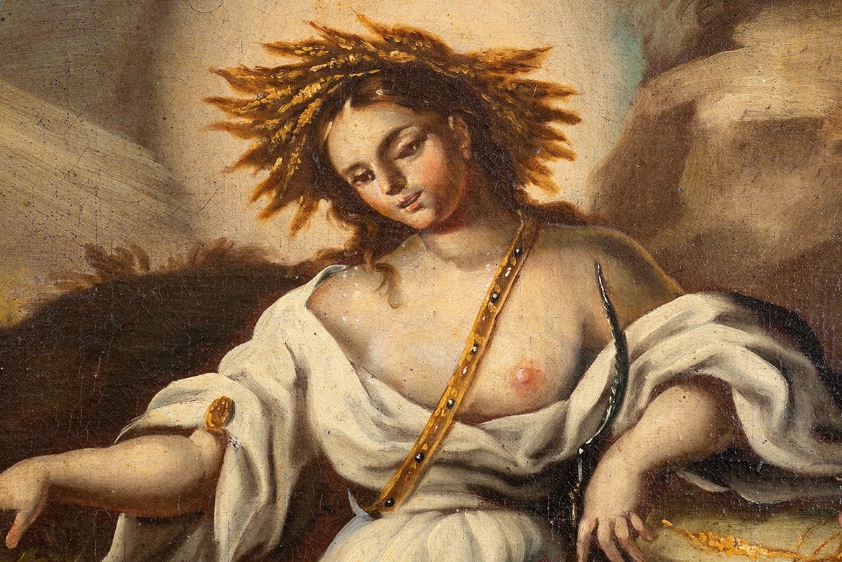 Dipinto antico Napoletano olio su tela raffigurante l'allegoria. Periodo XVIII secolo.-photo-2