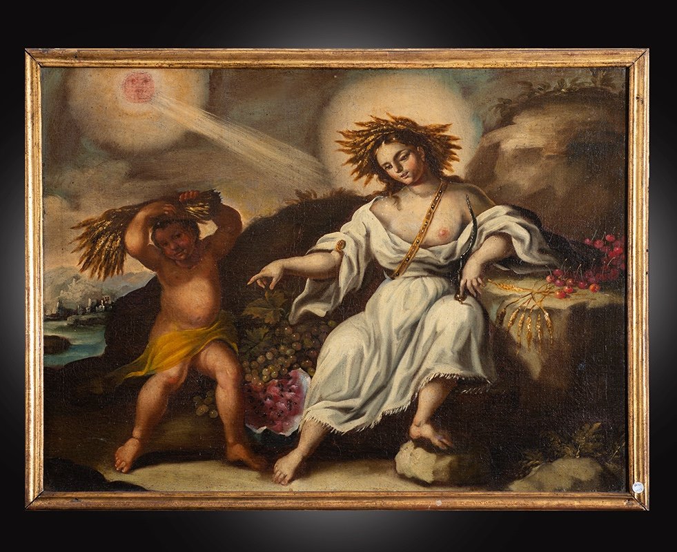 Dipinto antico Napoletano olio su tela raffigurante l'allegoria. Periodo XVIII secolo.