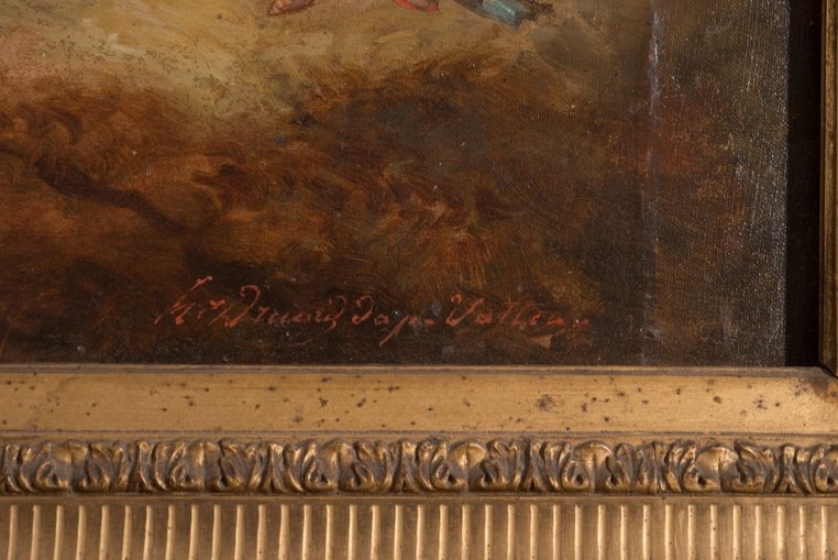 Dipinto antico olio su tela raffigurante il pellegrinaggio a Citera. Francia XIX secolo.-photo-1