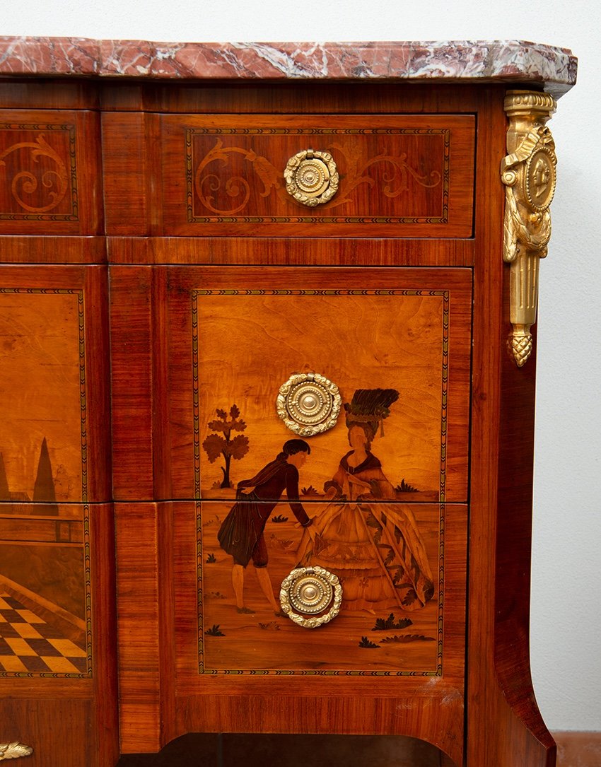 Cassettone antico Napoleone III Francese in legno esotico pregiato con piano in marmo.-photo-3