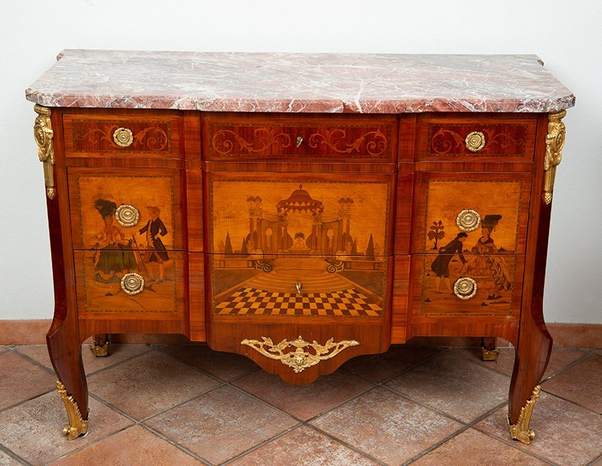 Cassettone antico Napoleone III Francese in legno esotico pregiato con piano in marmo.-photo-1