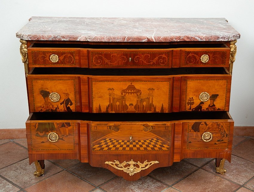 Cassettone antico Napoleone III Francese in legno esotico pregiato con piano in marmo.-photo-2