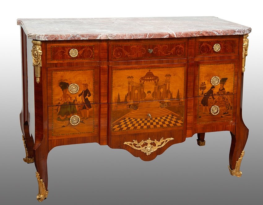 Cassettone antico Napoleone III Francese in legno esotico pregiato con piano in marmo.