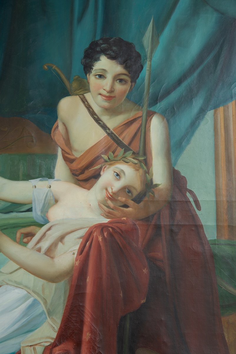 Dipinto antico olio su tela raffigurante scena Neoclassica con architetture.-photo-2