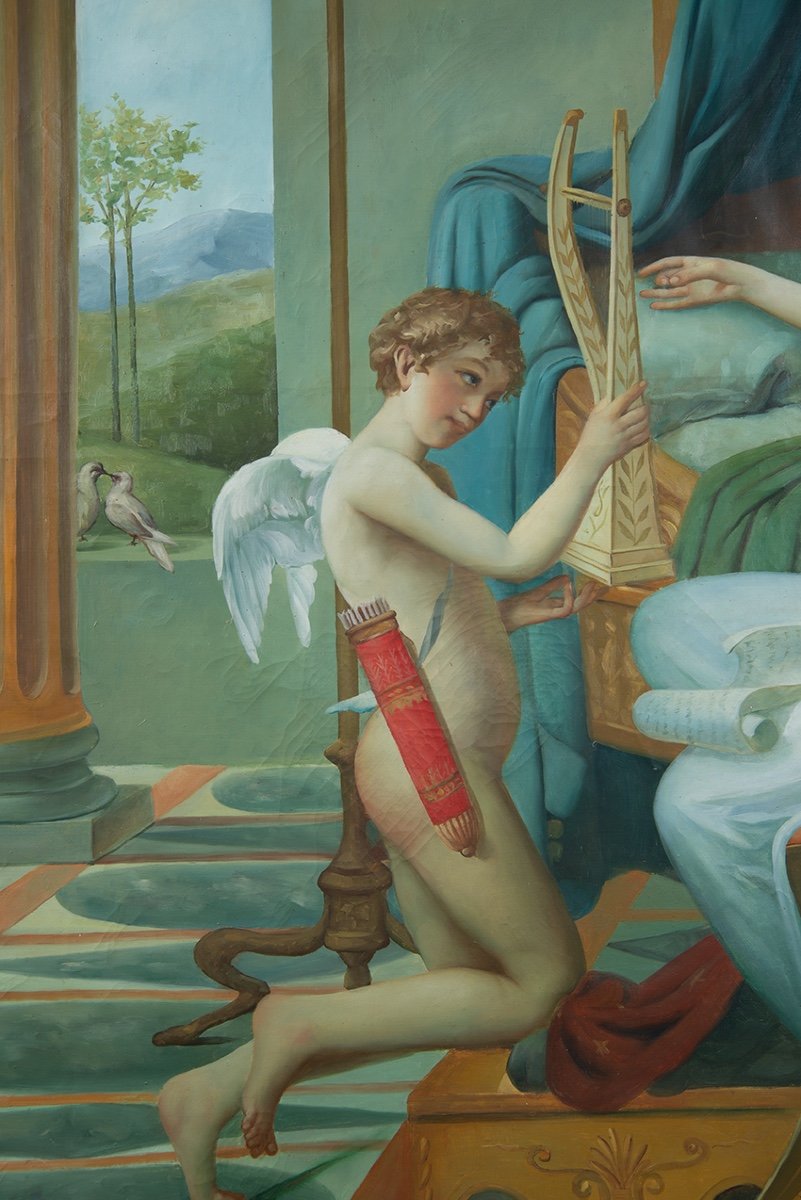 Dipinto antico olio su tela raffigurante scena Neoclassica con architetture.-photo-3