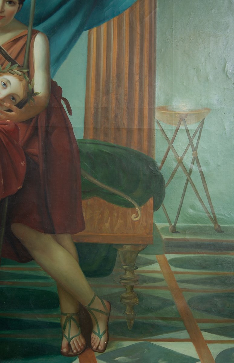 Dipinto antico olio su tela raffigurante scena Neoclassica con architetture.-photo-4
