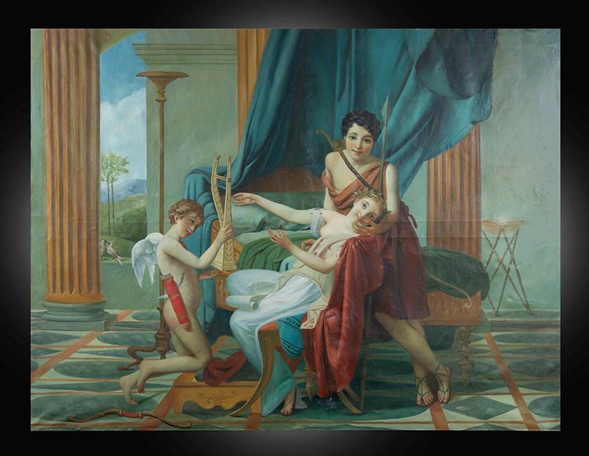 Dipinto antico olio su tela raffigurante scena Neoclassica con architetture.