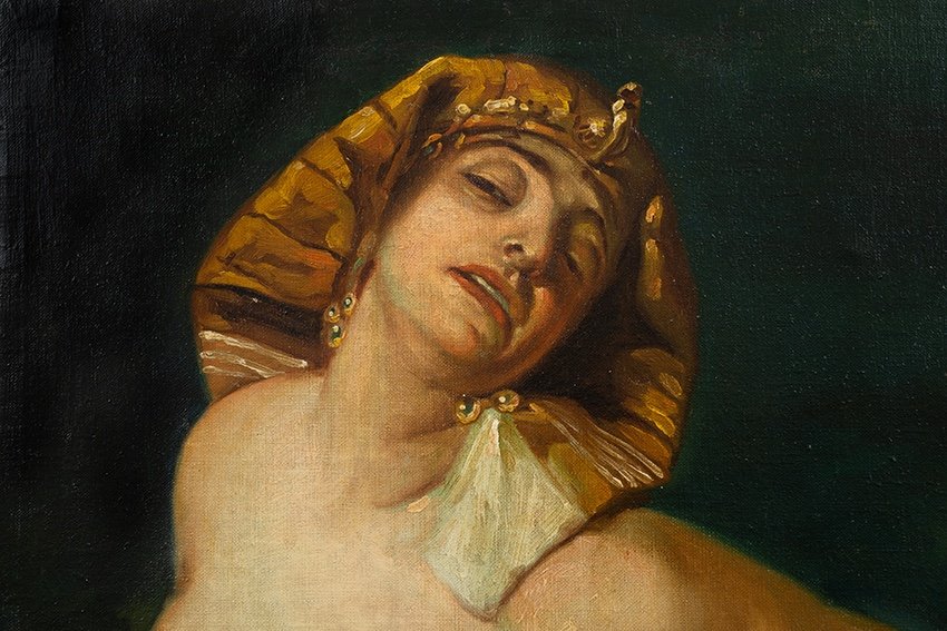 Dipinto antico olio su tela raffigurante "Clopatra".Napoli XIX secolo.-photo-2